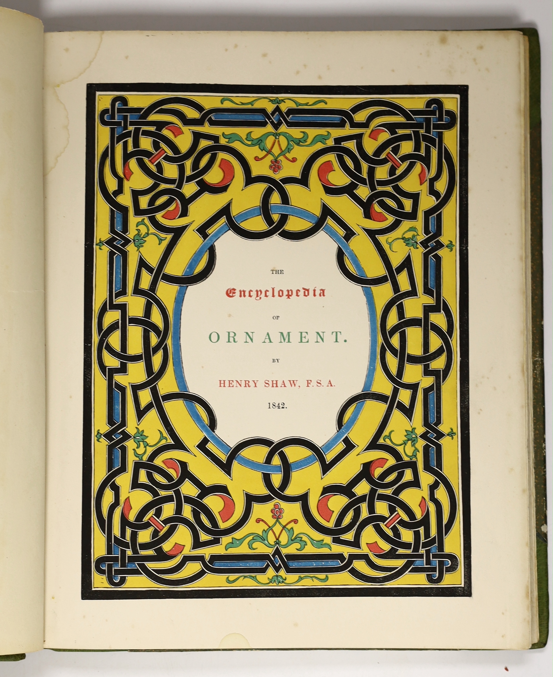 Shaw, Henry - The Encyclopedia of Ornament. First Edition. coloured pictorial title and 59 other plates (5 coloured); later 19th cent. green half morocco and patterned boards, maroon spine label and gilt armorial device